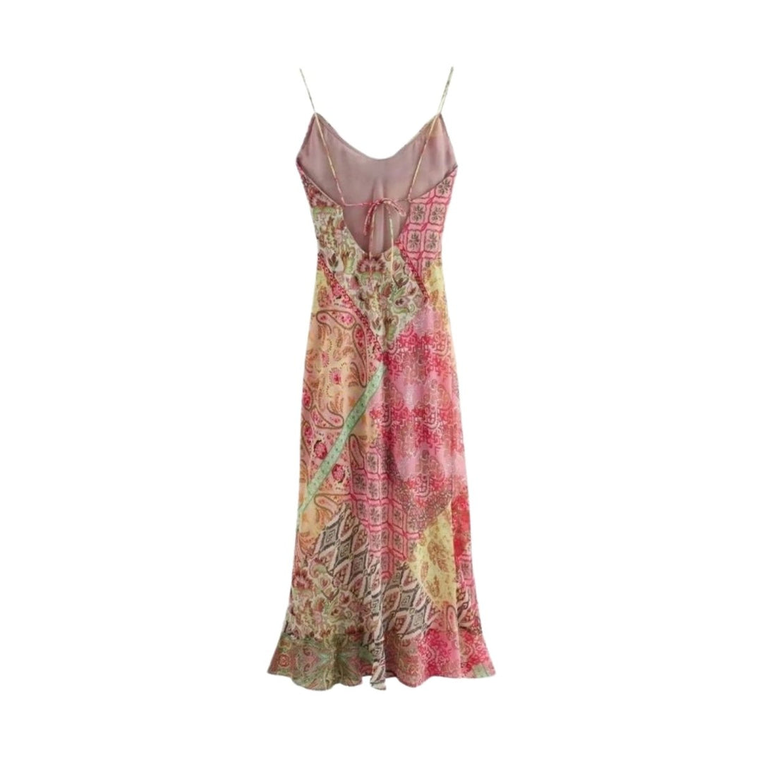 Slip Maxi Dress Patchwork Floral Print Boho Elegant Style