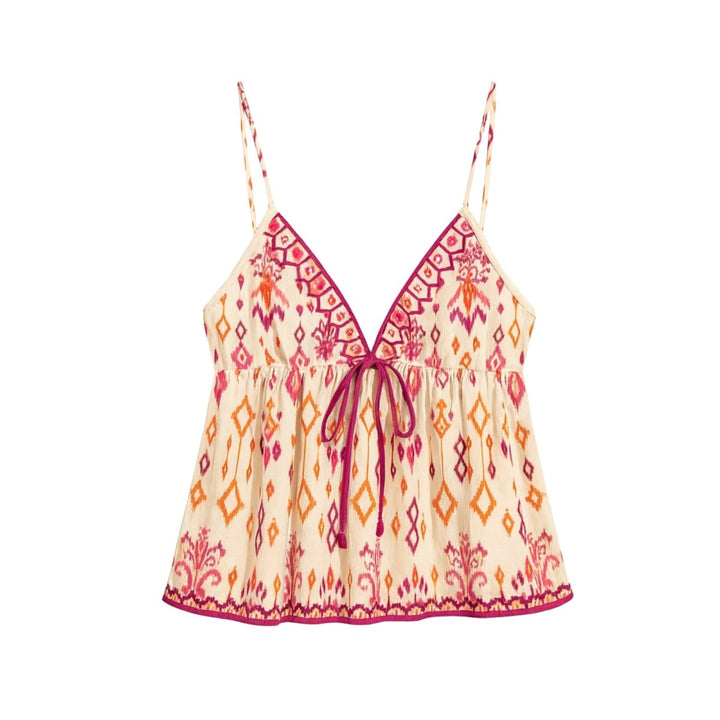 Sleeveless Top Boho Aztec Print V Neck Ruffle Detail Summer Style