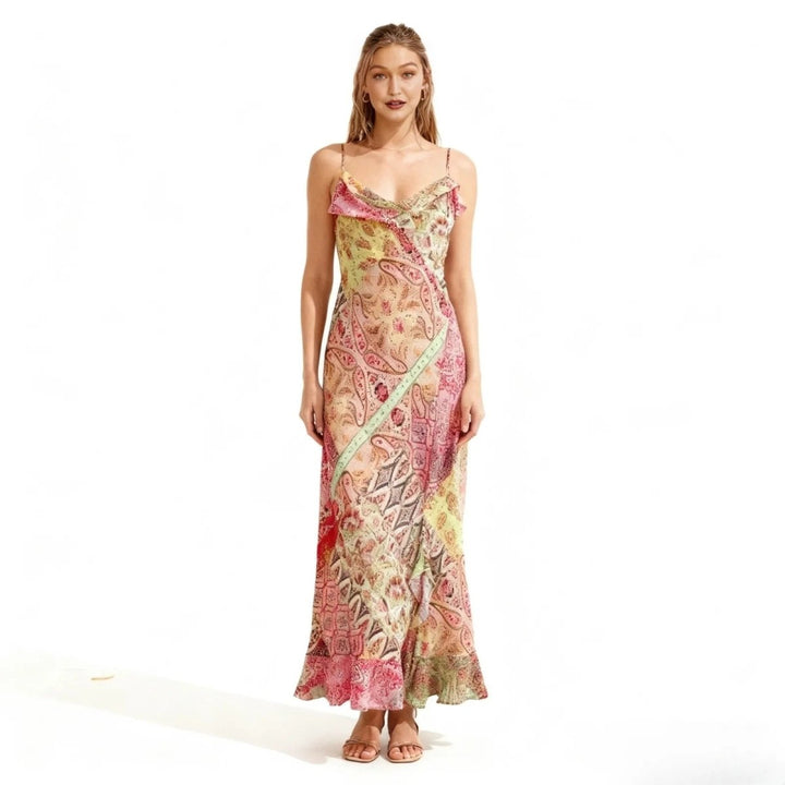 Slip Maxi Dress Patchwork Floral Print Boho Elegant Style