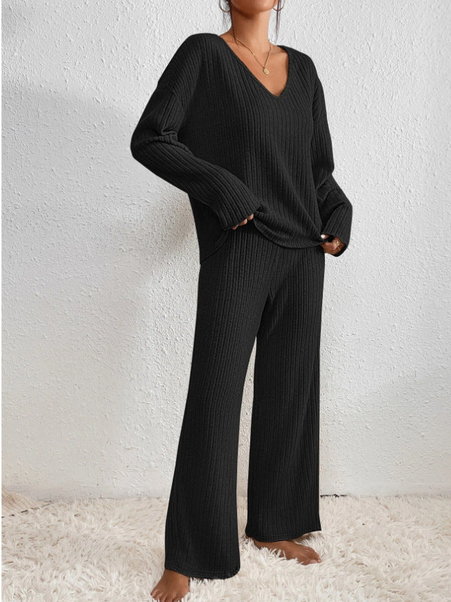Two Piece Set Ribbed Knit V Neck Top Wide Leg Trousers Lounge Style