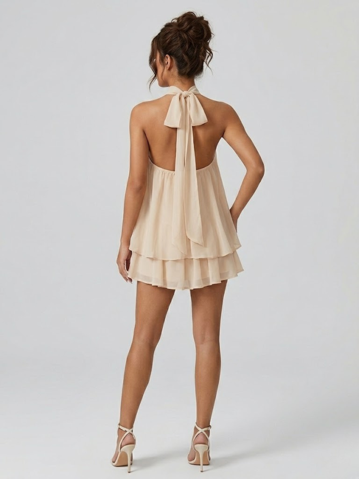 Short Halter Neck Backless Layered Ruffle Dress for Women