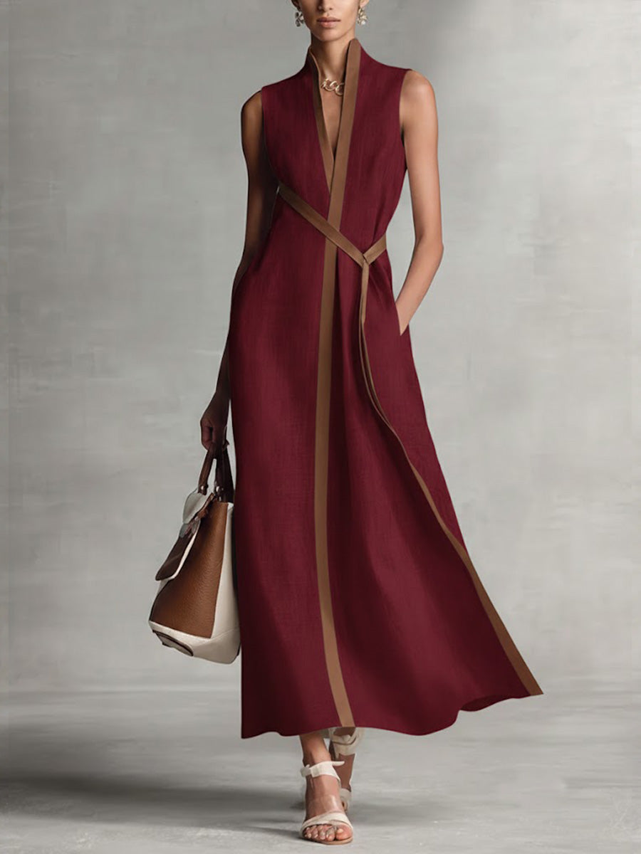 Sleeveless Midi Dress Contrast Trim V Neck Belt for Women