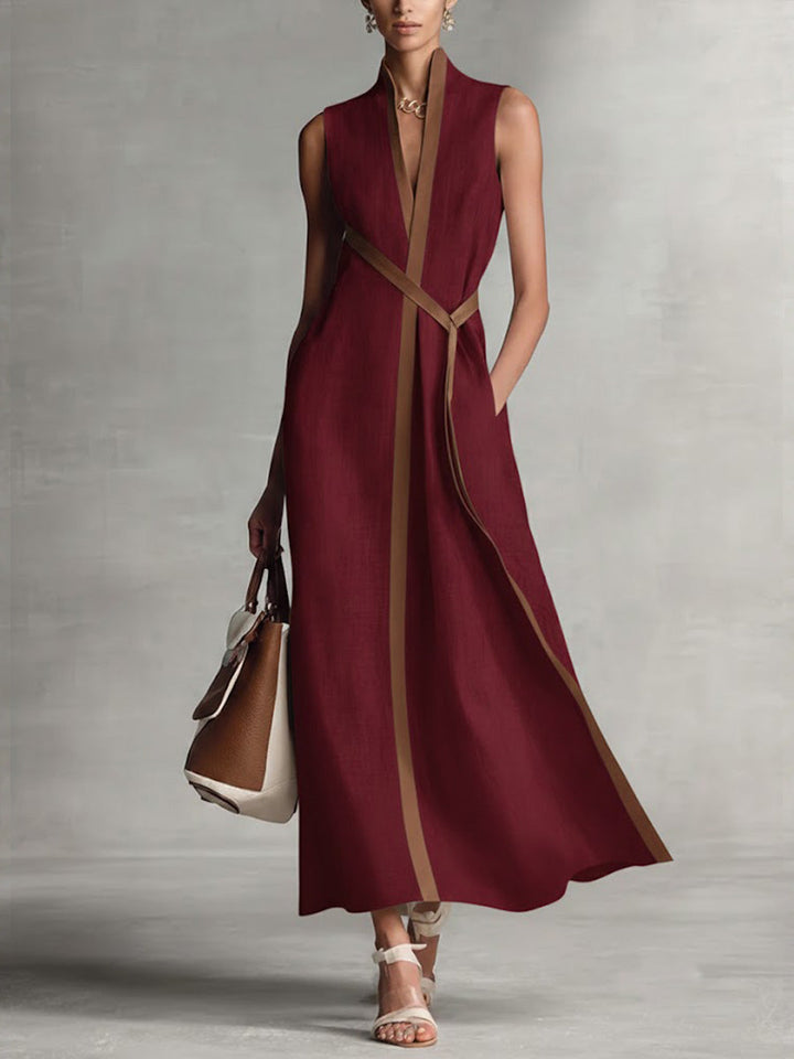 Sleeveless Midi Dress Contrast Trim V Neck Belt for Women