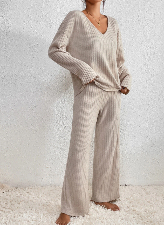 Two Piece Set Ribbed Knit V Neck Top Wide Leg Trousers Lounge Style