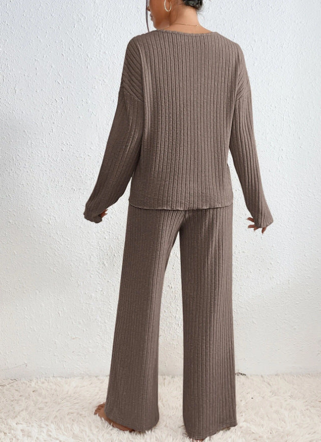 Two Piece Set Ribbed Knit V Neck Top Wide Leg Trousers Lounge Style