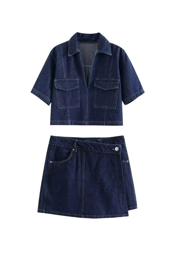 Two Piece Set Denim Shirt Mini Skirt Casual Streetwear Style