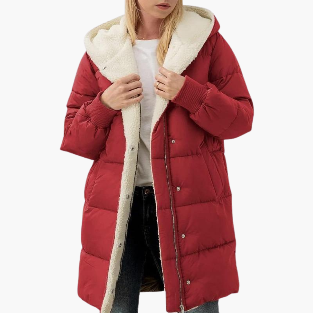 Womens Hooded Puffer Coat with Faux Fur Trim and Longline Fit
