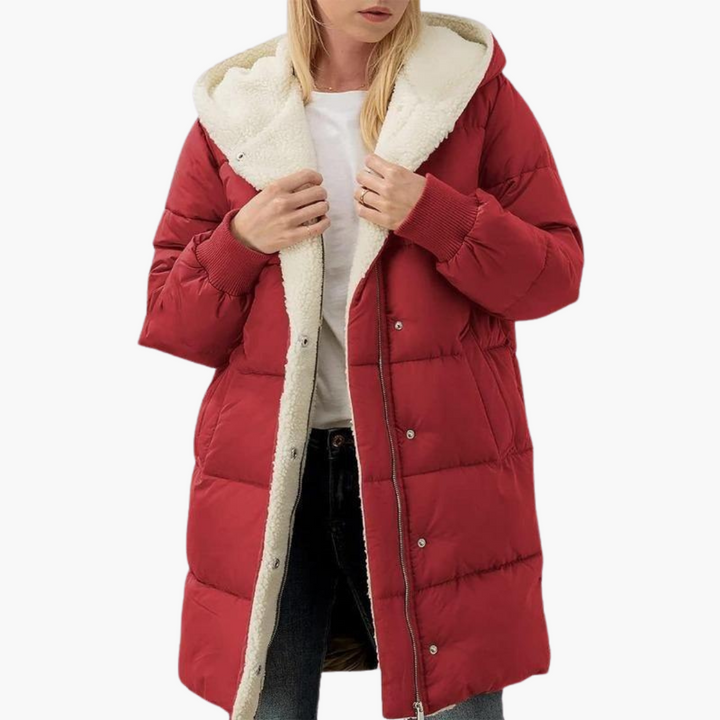 Womens Hooded Puffer Coat with Faux Fur Trim and Longline Fit