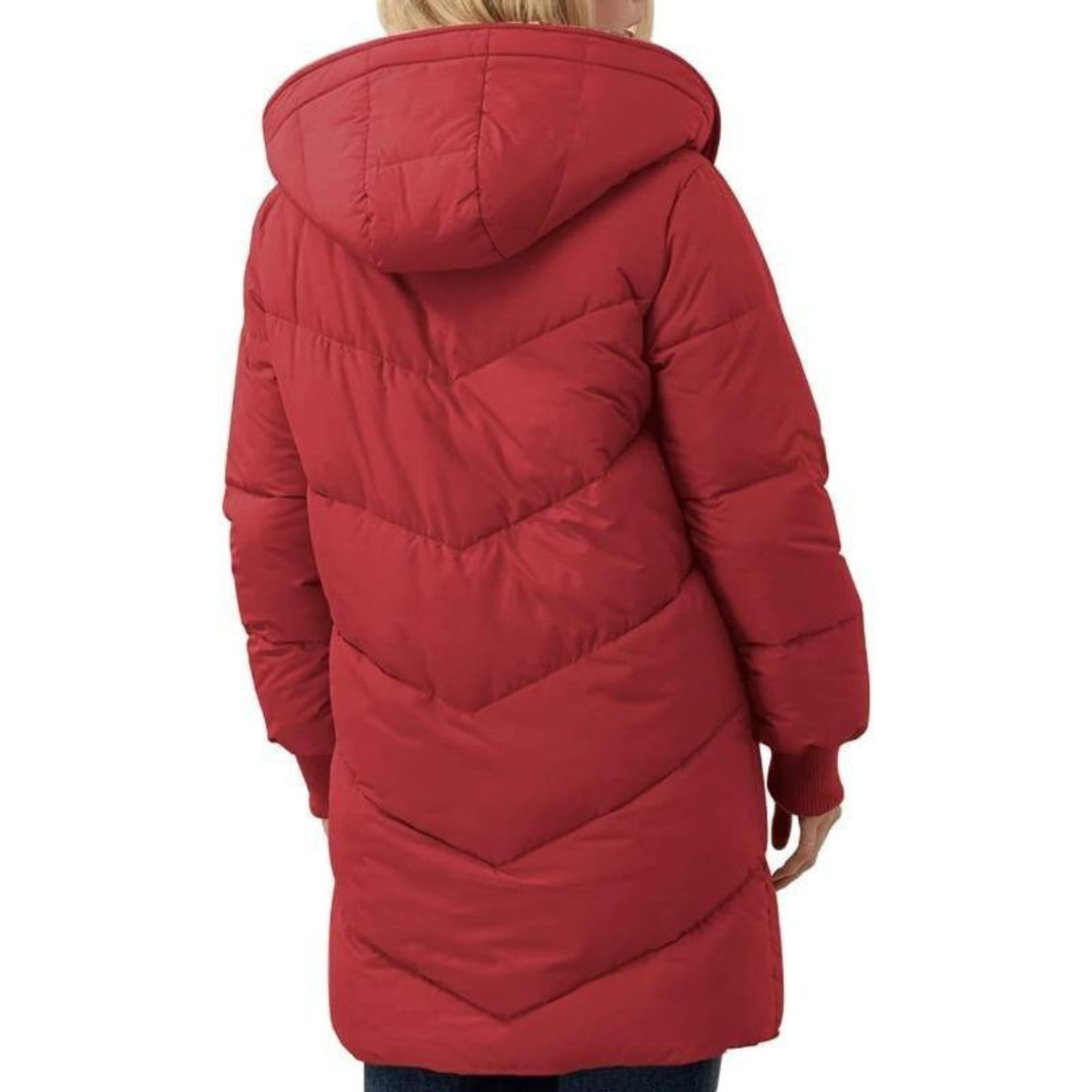 Womens Hooded Puffer Coat with Faux Fur Trim and Longline Fit