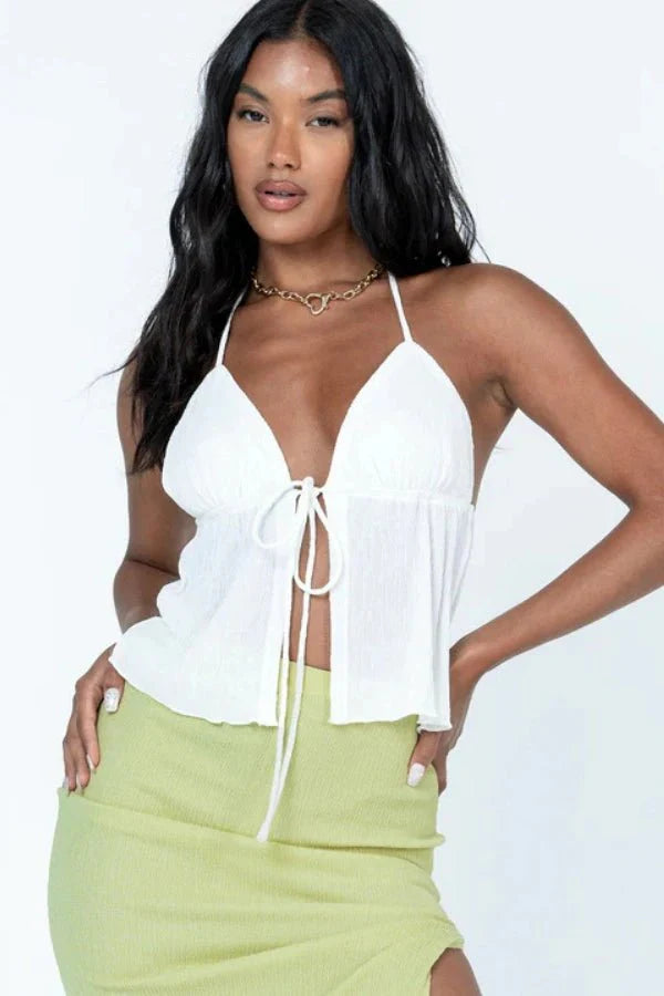 Halter Top Tie Front Y2K Textured Fringed Burgundy Summer Style