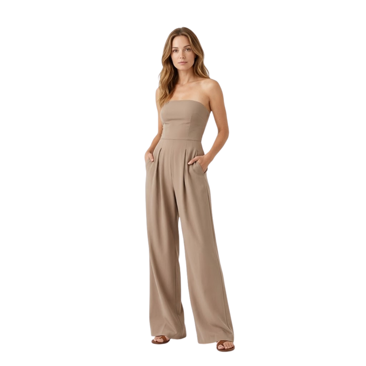 Strapless Jumpsuit Bustier Fitted Waist Wide Leg Elegant Style