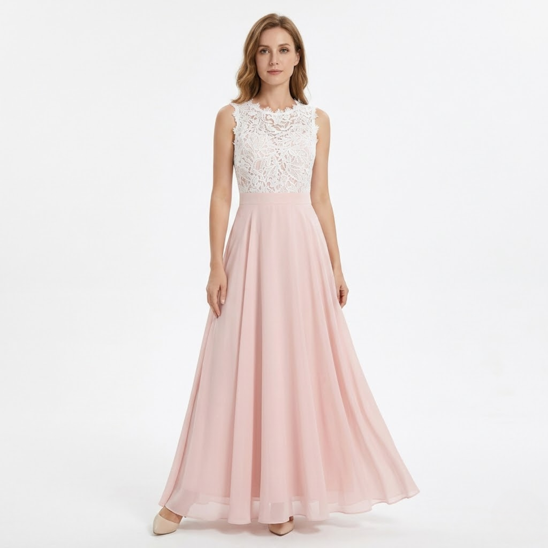 Maxi Evening Dress Lace Chiffon Crocheted Bodice Elegant Style