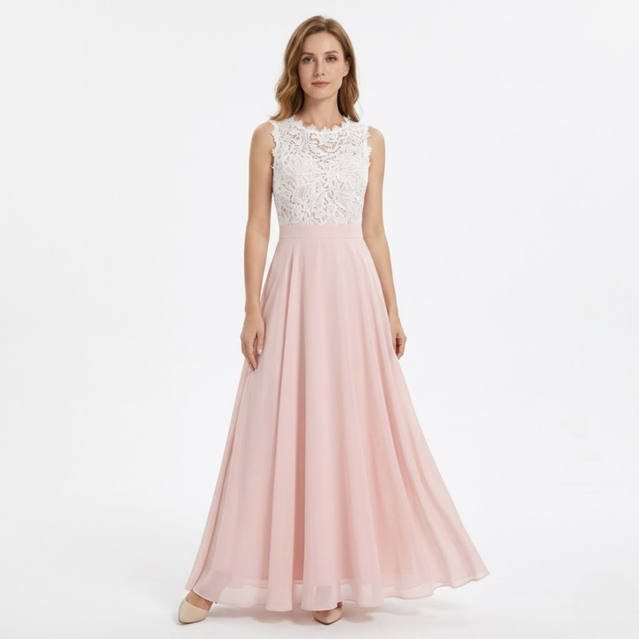 Maxi Evening Dress Lace Chiffon Crocheted Bodice Elegant Style