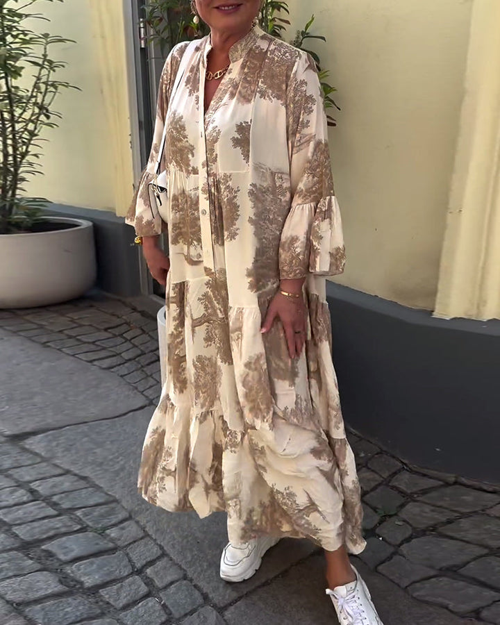 Maxi Dress Print Flounce Sleeves Stand Collar Stylish Airy