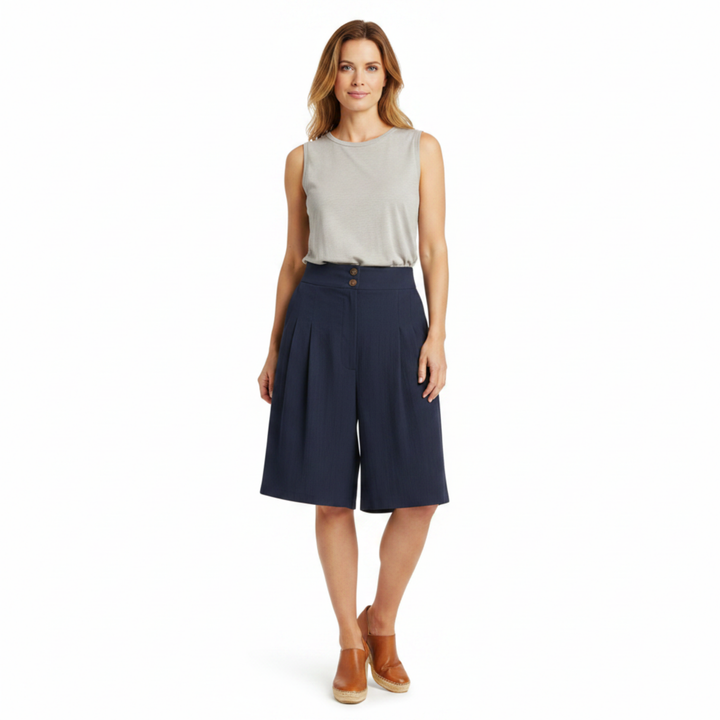Bermuda Shorts High Waist Structured Wide Leg Pleated Elegant Style