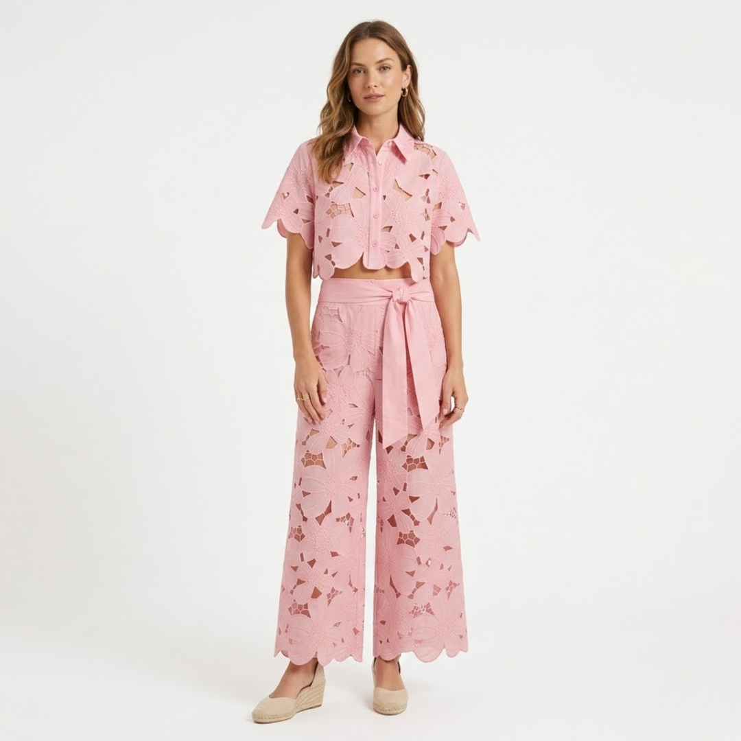 Two Piece Set Lace Top Wide Leg Pants Elegant Style