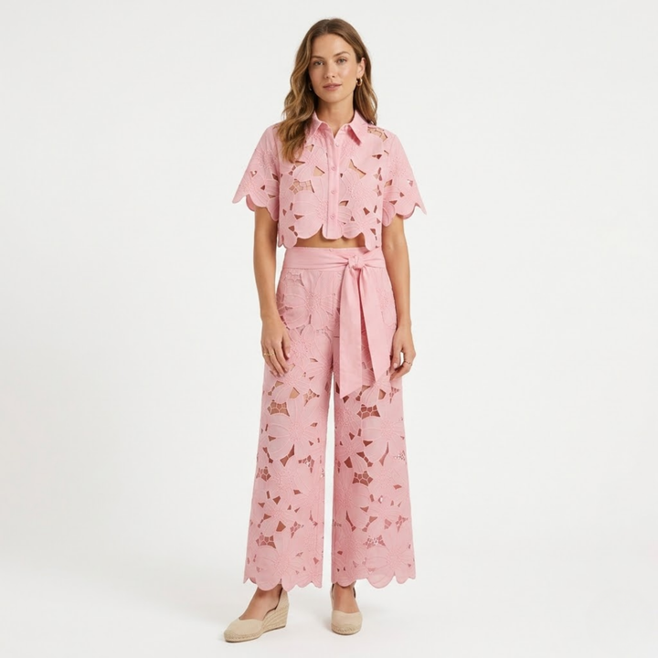Two Piece Set Lace Top Wide Leg Pants Elegant Style