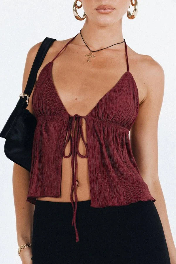 Halter Top Tie Front Y2K Textured Fringed Burgundy Summer Style