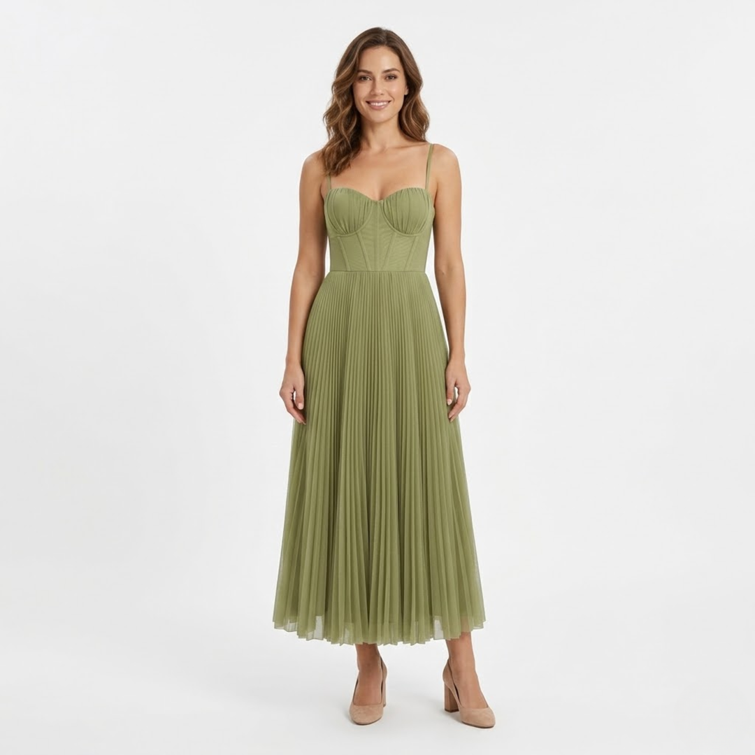 Pleated Evening Dress Strapless Bustier Back Zip Elegant Maxi Style