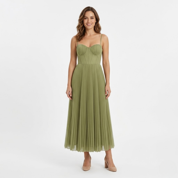 Pleated Evening Dress Strapless Bustier Back Zip Elegant Maxi Style