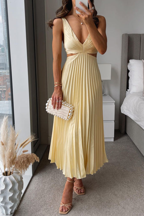 Womens Wedding Guest Midi Dress with V Neck Fine Straps Pleated Skirt and Fitted Waist
