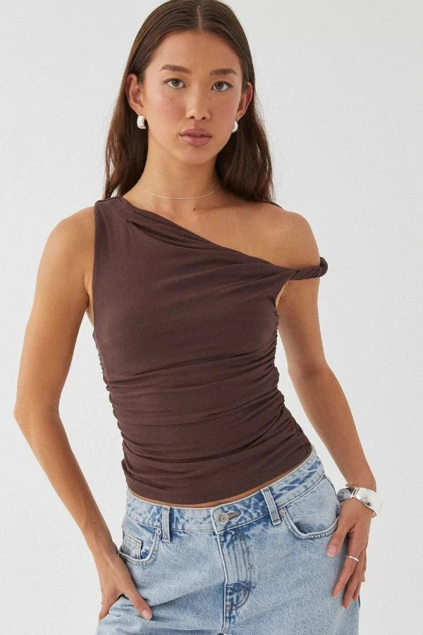 Top One Shoulder Ruched Asymmetric Fitted Minimal Style