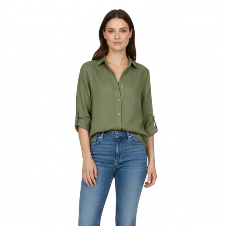 Shirt Button Up Three Quarter Sleeve Split Neck Relaxed Casual Style