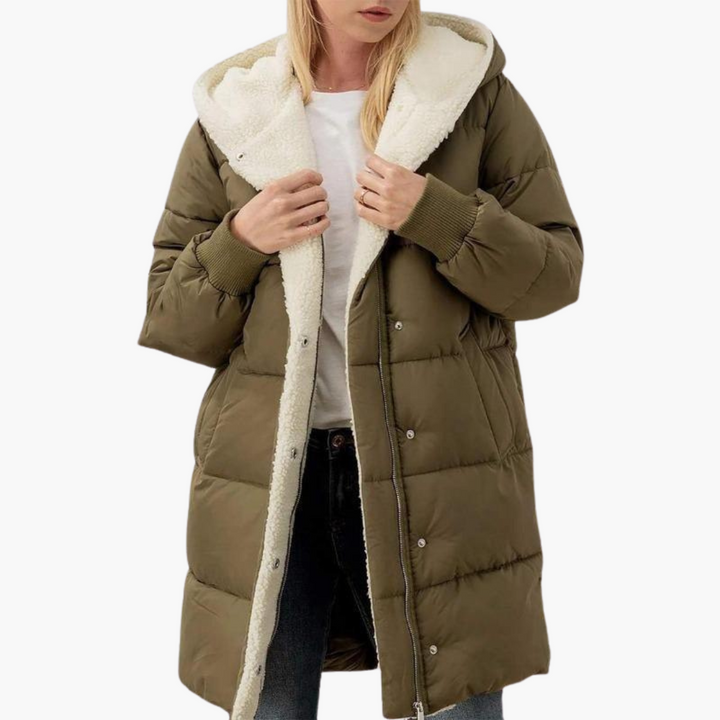 Womens Hooded Puffer Coat with Faux Fur Trim and Longline Fit