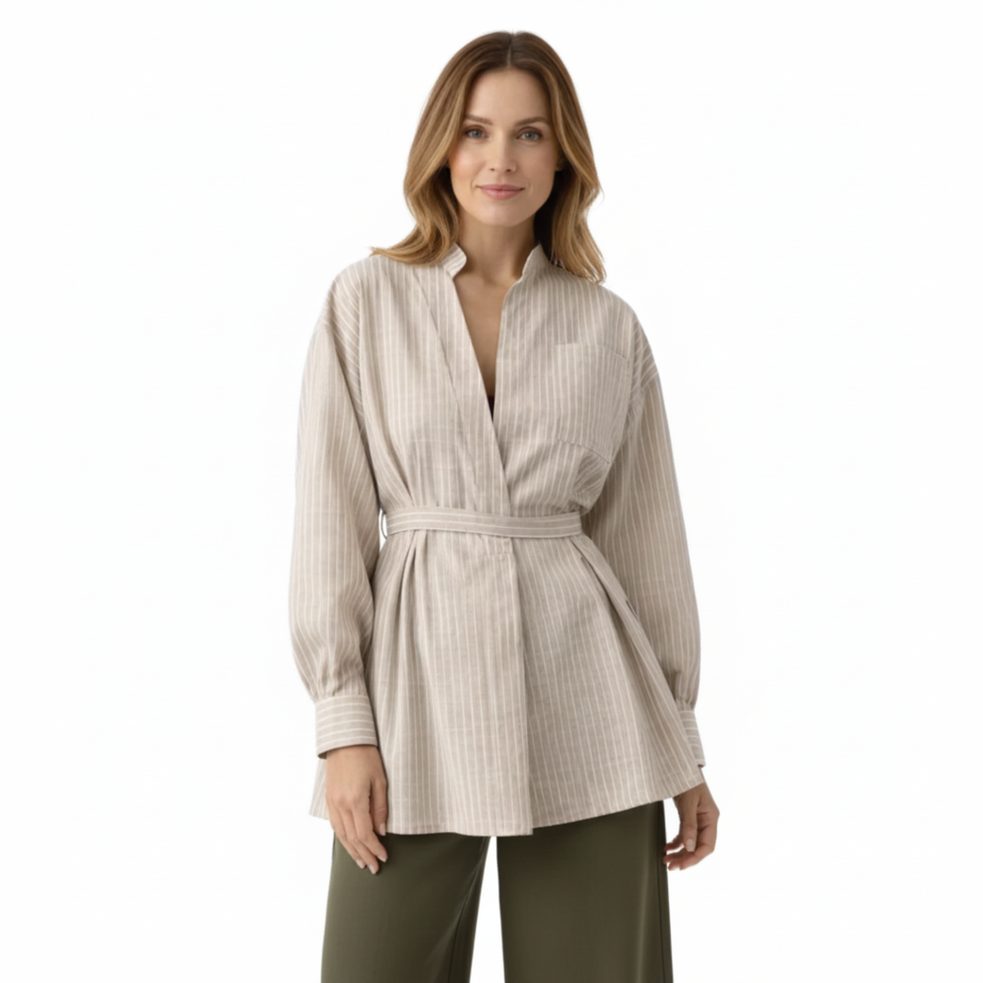 Blouse Striped Long Sleeve Stand Collar Belted Waist Elegant Style