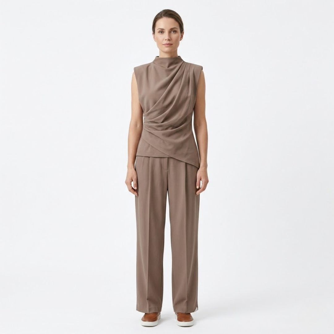 Two Piece Set Sleeveless Draped Top Wide Leg Pants Elegant Fit