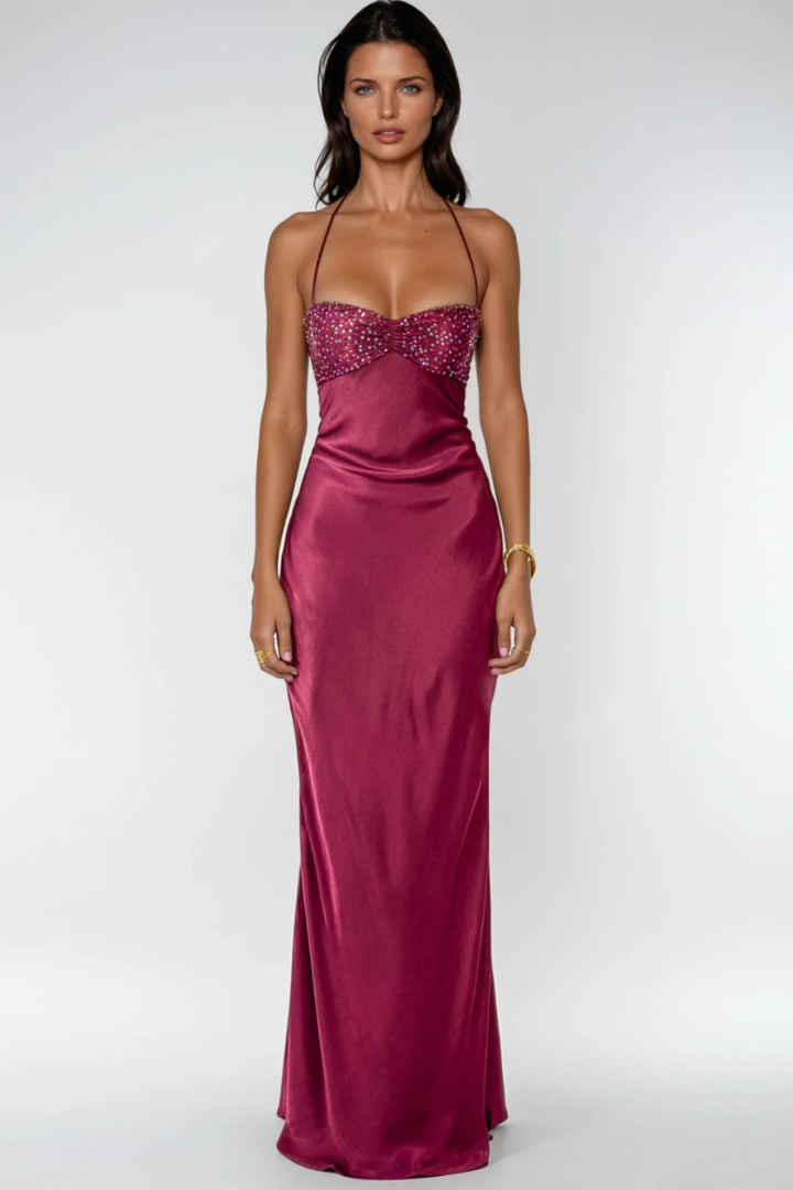 Long Dress Halter Neck Embellished Lace Back Straight Cut for Women