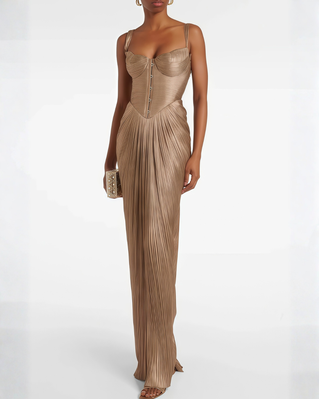 Womens Maxi Dress with Pleated Bustier Thin Straps and Lace Up Back