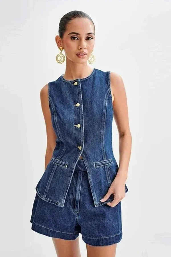 Two Piece Denim Vest and Shorts Set – Casual Chic Summer Style