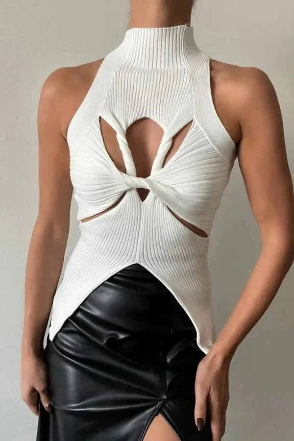 Sleeveless Top Cut Out Halter Neck Sculpted Fit Elegant Statement Style