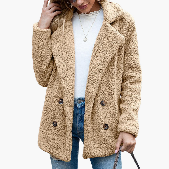 Womens Teddy Jacket with Notch Lapel Double Breasted Front and Relaxed Fit