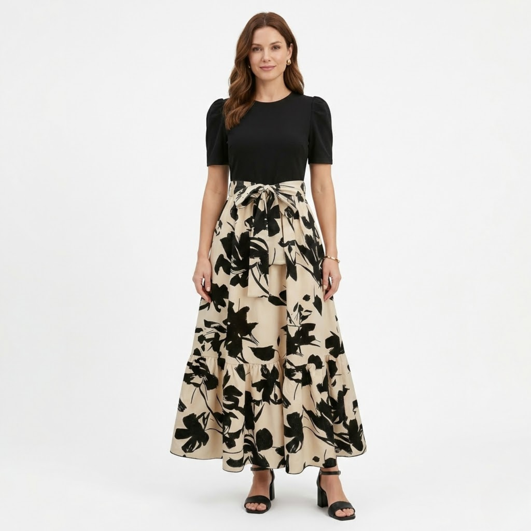 A-Line Maxi Dress Floral Print Belted Waist Puff Sleeve Elegant Style