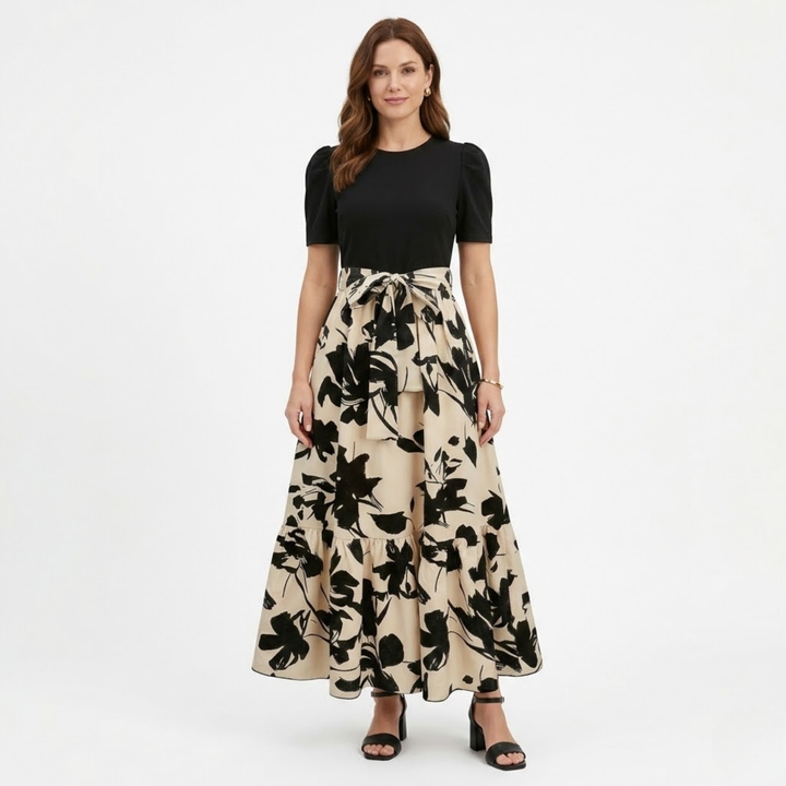 A-Line Maxi Dress Floral Print Belted Waist Puff Sleeve Elegant Style