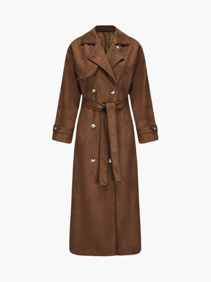 Womens Suede Trench Coat with Belted Waist and Notch Lapels