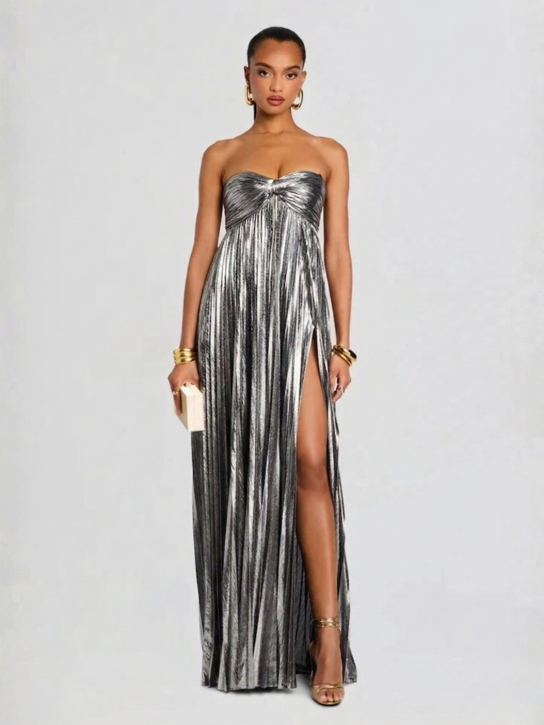 Long Strapless Dress for Women with Twisted Bodice and High Slit