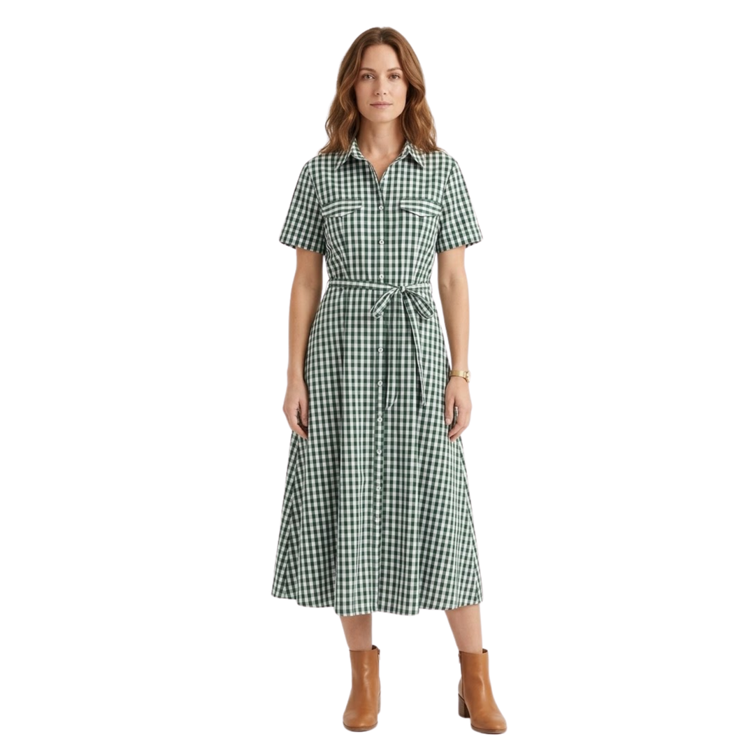 Shirt Dress Check Pattern Classic Collar Short Sleeve Casual Style