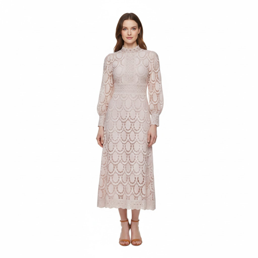 Lace Maxi Dress Puff Sleeve High Neck Elegant Occasion Style