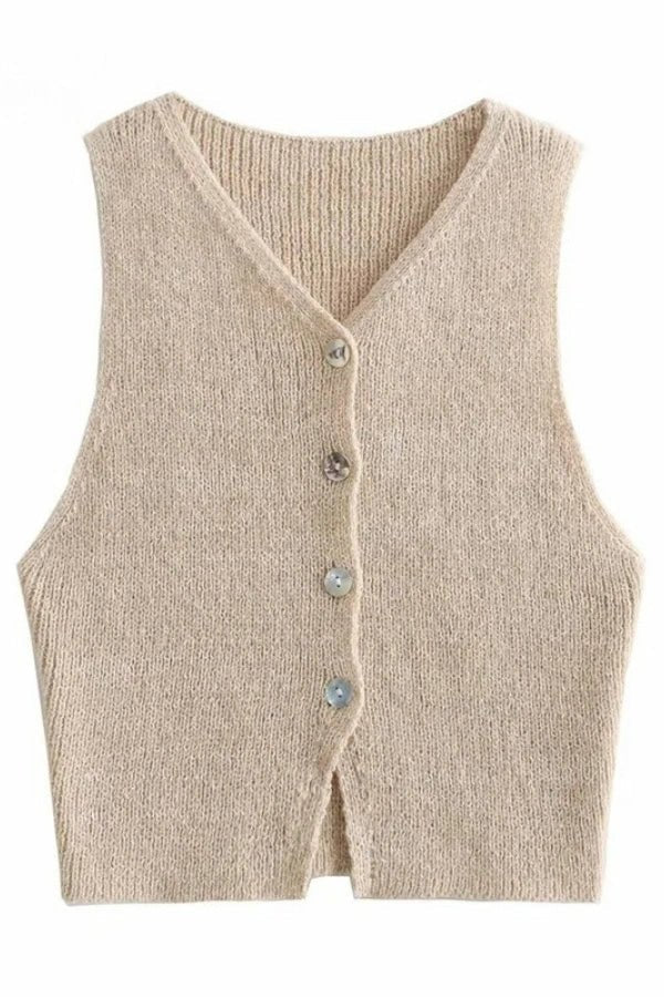 Sleeveless Knit Vest Button Front V Neck Beige Elegant Casual Style