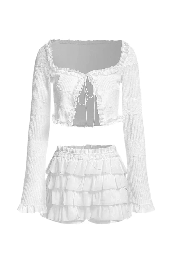 Two Piece Ruffle Tie Front Crop Top and Layered Mini Skirt Set – Romantic Summer Style