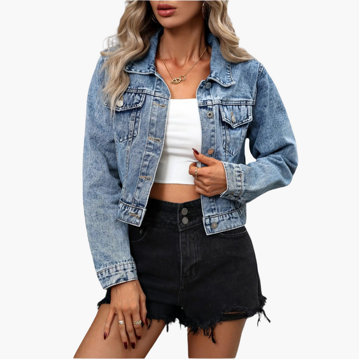 Womens Denim Jacket with Collared Neck Button Front and Chest Pockets