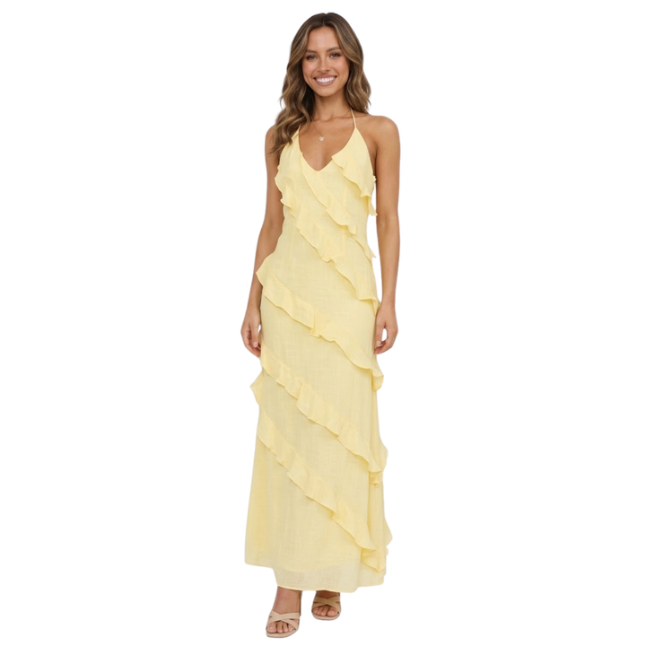Maxi Dress Ruffle Detail V Neck Spaghetti Strap Elegant Style