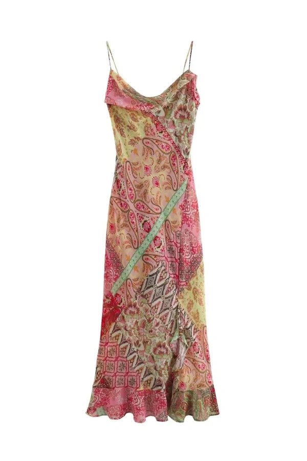 Slip Maxi Dress Patchwork Floral Print Boho Elegant Style