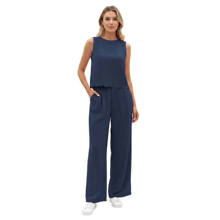 Two Piece Set Sleeveless Shell Trim Top Ankle Length Wide Leg Pants