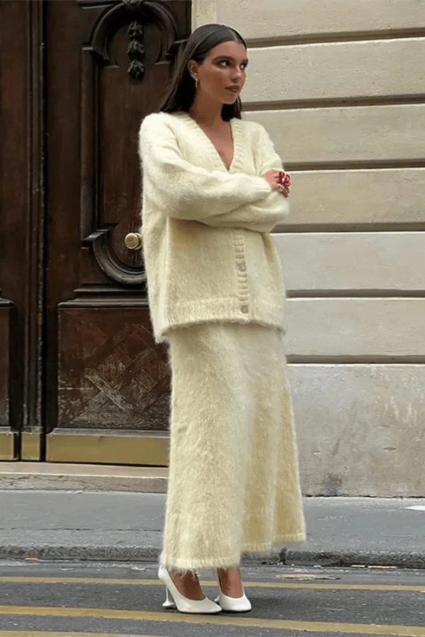 Two Piece V-Neck Knit Cardigan and Maxi Skirt Set – Elegant Co-Ord Style