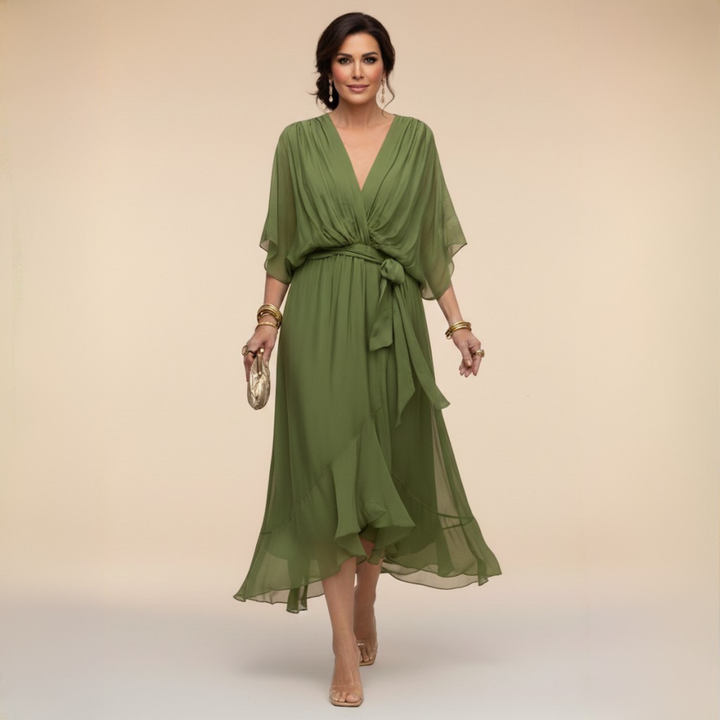 Maxi Dress V Neck Flowing Silhouette Elegant Feminine Style