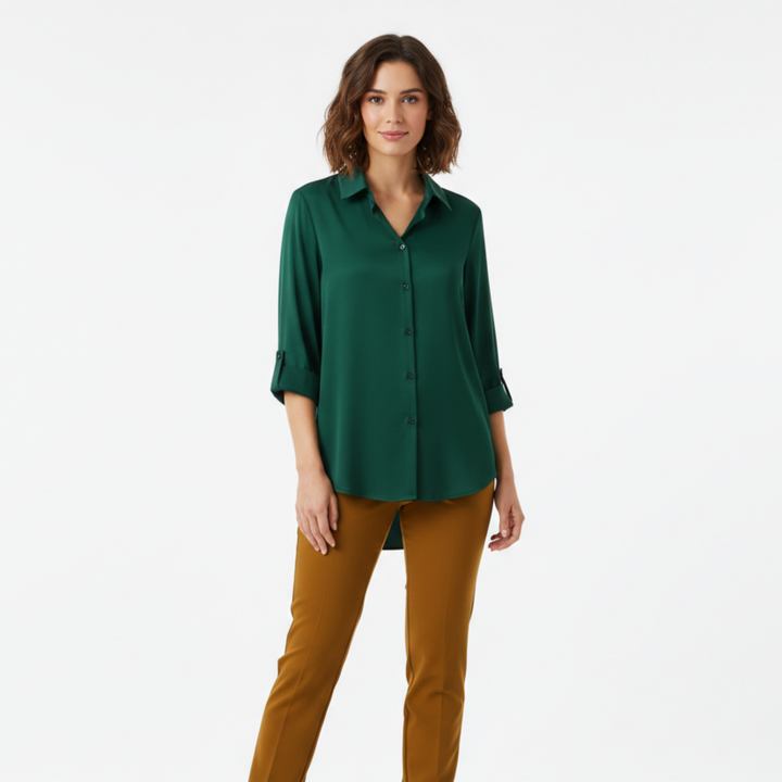 Blouse Button Up Long Sleeve Loose Fit Notched Collar Casual Style